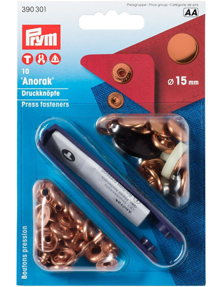 Boite de 10 boutons pression anorak Cuivre avec outil 15 mm