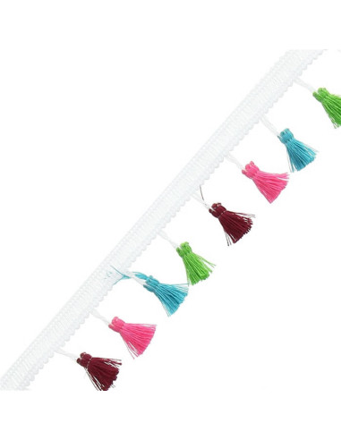 Galon pompons multicolore blanc