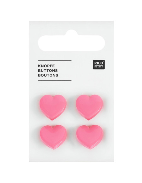 Carte de 4 boutons cœurs - Rose 15 x 15 mm