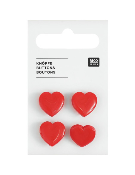 Carte de 4 boutons cœurs - Rouge 15 x 15 mm