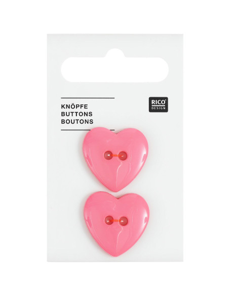 Carte de 2 boutons cœurs - Rose 22 x 22 mm