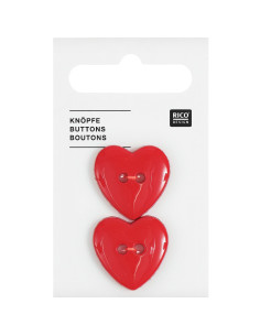Carte de 2 boutons cœurs - Rouge 22 x 22 mm
