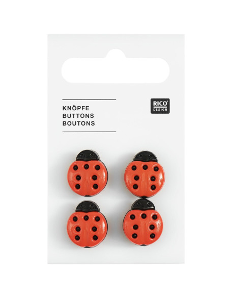 Carte de 4 boutons coccinelle - Rouge 13 x 15 mm