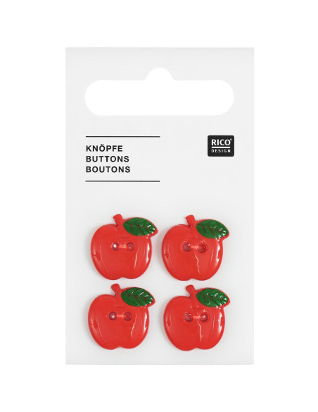 Carte de 4 boutons pommes - Rouge 15 x 16 mm