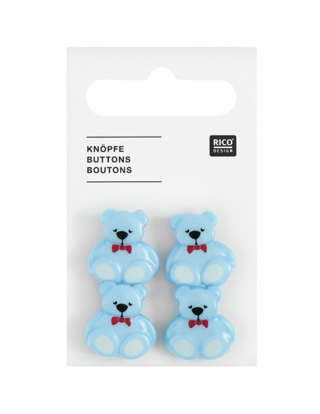 Carte de 4 boutons nounours - Bleu 16 x 18 mm