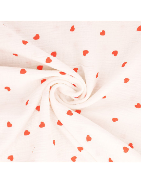 Tissu double gaze de coton - Petit coeur rouge