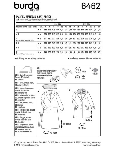 Patron de manteau - Burda 6462