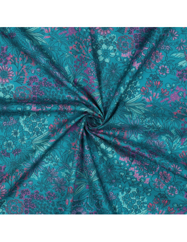 Tissu popeline de coton - Fleurs bleu pétrole