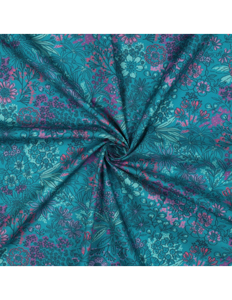 Tissu popeline de coton - Fleurs bleu pétrole