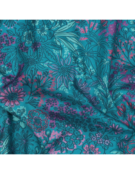 Tissu popeline de coton - Fleurs bleu pétrole