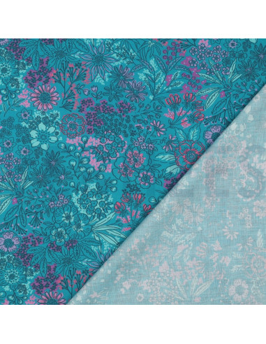 Tissu popeline de coton - Fleurs bleu pétrole