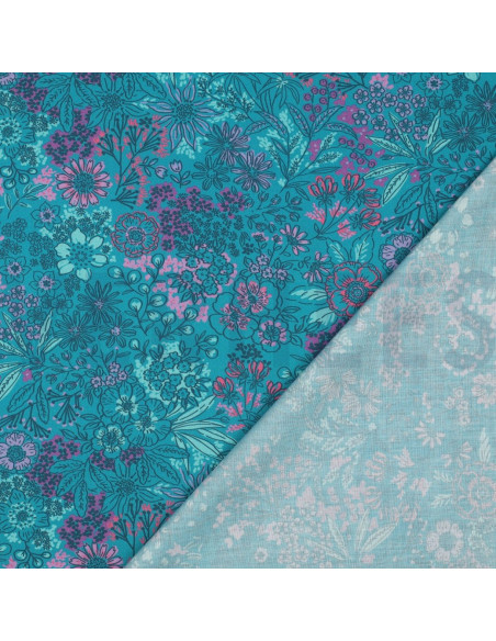 Tissu popeline de coton - Fleurs bleu pétrole