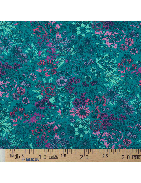 Tissu popeline de coton - Fleurs bleu pétrole