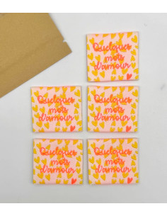 Lot de 5 étiquettes tissées à coudre Quelques mots d'amour - Fluo 2