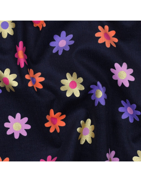 Tissu velours milleraies fantaisie - Fleurs fond bleu marine
