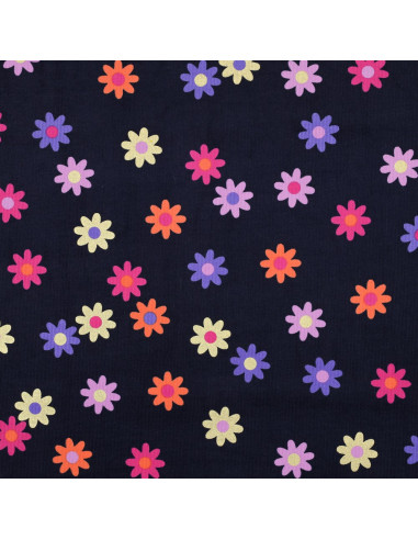 Tissu velours milleraies fantaisie - Fleurs fond bleu marine