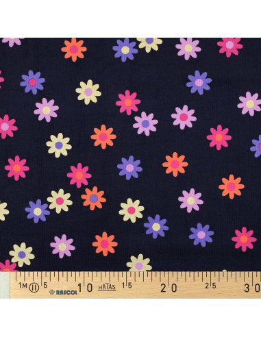 Tissu velours milleraies fantaisie - Fleurs fond bleu marine