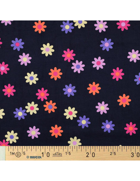Tissu velours milleraies fantaisie - Fleurs fond bleu marine