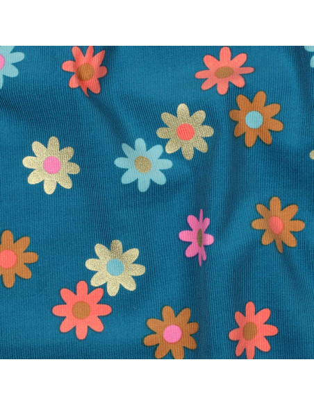 Tissu velours côtelé fantaisie - Fleurs fond bleu pétrole