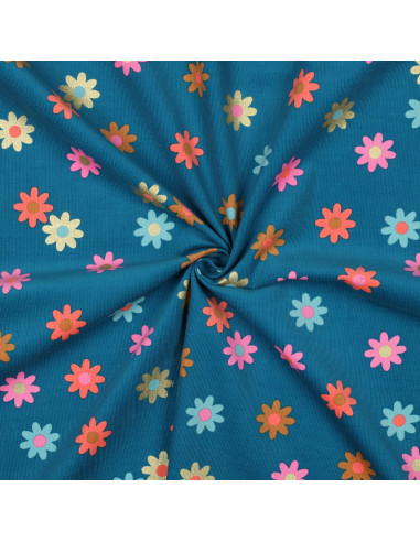 Tissu velours milleraies fantaisie - Fleurs fond bleu pétrole