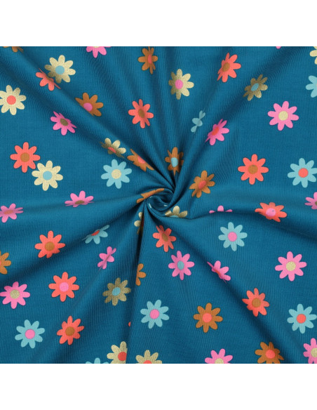 Tissu velours milleraies fantaisie - Fleurs fond bleu pétrole