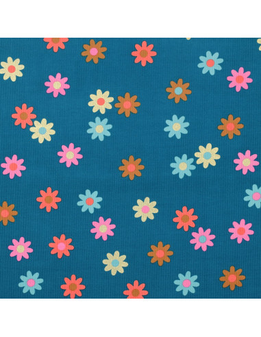 Tissu velours milleraies fantaisie - Fleurs fond bleu pétrole