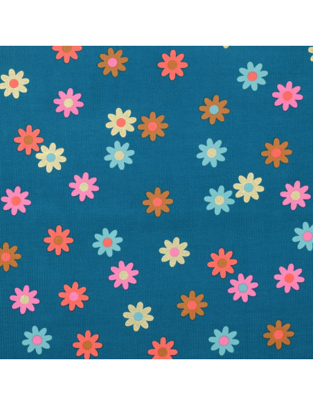 Tissu velours milleraies fantaisie - Fleurs fond bleu pétrole