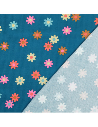 Tissu velours milleraies fantaisie - Fleurs fond bleu pétrole