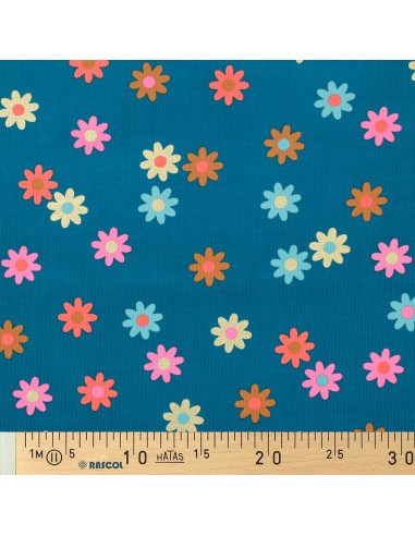 Tissu velours milleraies fantaisie - Fleurs fond bleu pétrole