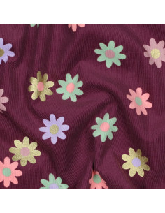Tissu velours milleraies fantaisie - Fleurs fond bordeaux