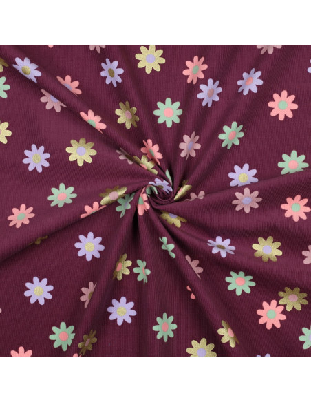 Tissu velours milleraies fantaisie - Fleurs fond bordeaux