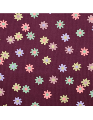 Tissu velours milleraies fantaisie - Fleurs fond bordeaux
