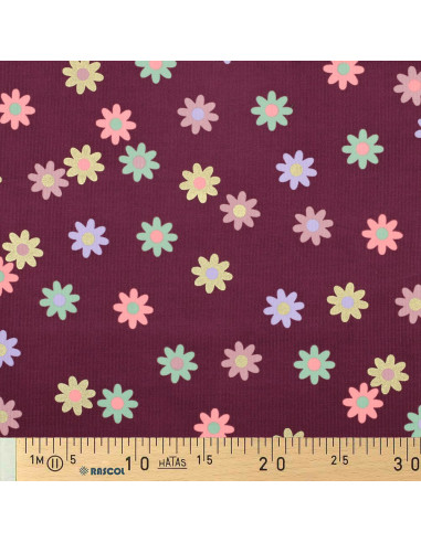 Tissu velours milleraies fantaisie - Fleurs fond bordeaux