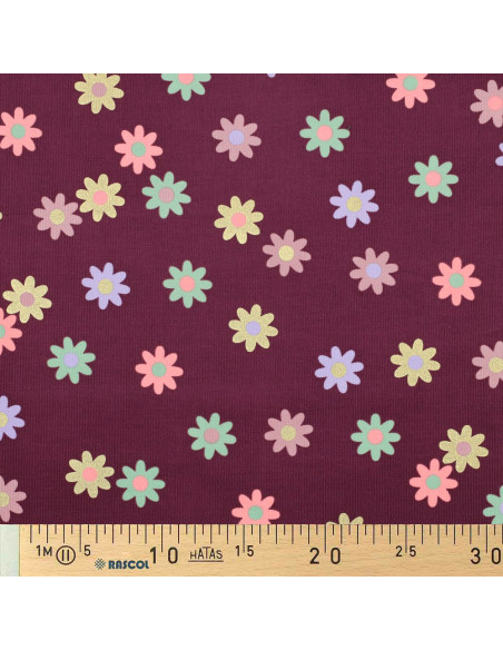 Tissu velours milleraies fantaisie - Fleurs fond bordeaux