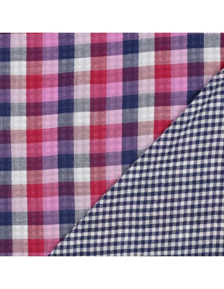 Tissu double gaze de coton à carreaux - Lilas et bleu marine