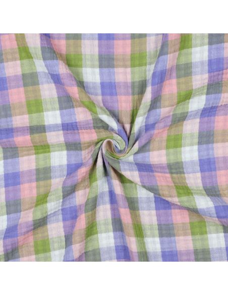 Tissu double gaze de coton à carreaux - Rose et lavande