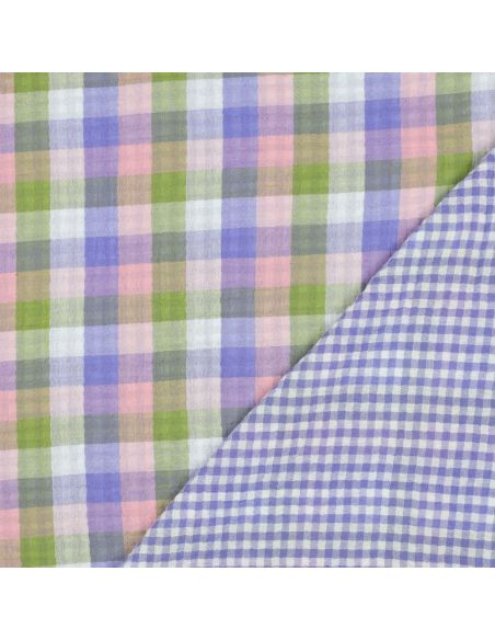 Tissu double gaze de coton à carreaux - Rose et lavande