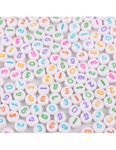 Sachet de 100 perles rondes blanches - Chiffres multicolores