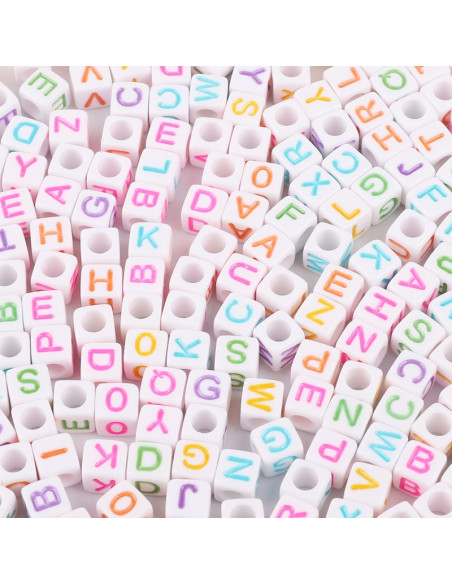Sachet de 100 perles carrés blanches - Lettres multicolore