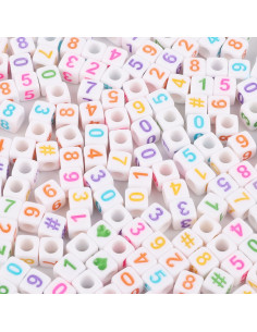 Sachet de 100 perles carrées blanches - Chiffres multicolores