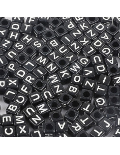 Sachet de 100 perles carrées noires - Lettres blanches