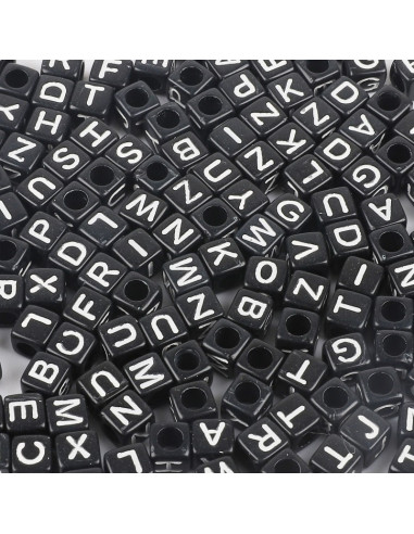 Sachet de 100 perles carrées noires - Lettres blanches
