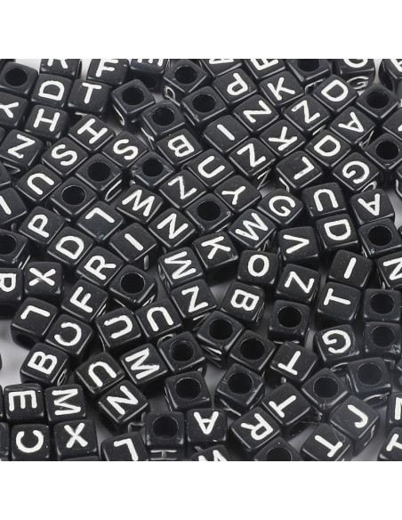 Sachet de 100 perles carrées noires - Lettres blanches
