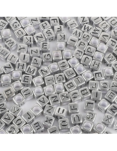 Sachet de 100 perles carrées argent - Lettres noires