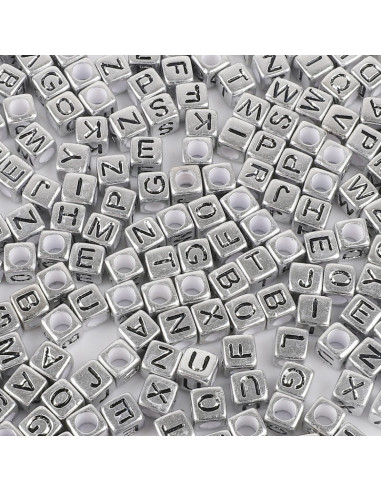 Sachet de 100 perles carrées argent - Lettres noires