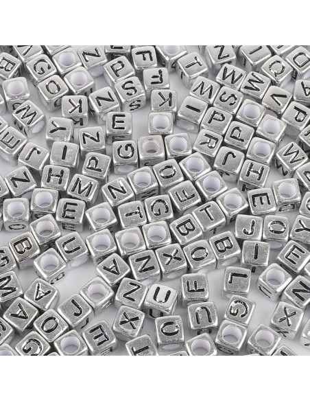 Sachet de 100 perles carrées argent - Lettres noires