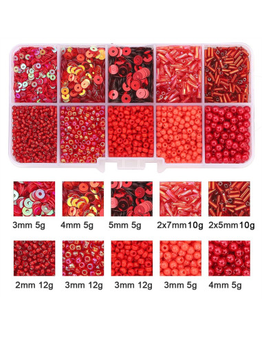 Coffret 80 grs perles de rocaille et sequins - Rouge