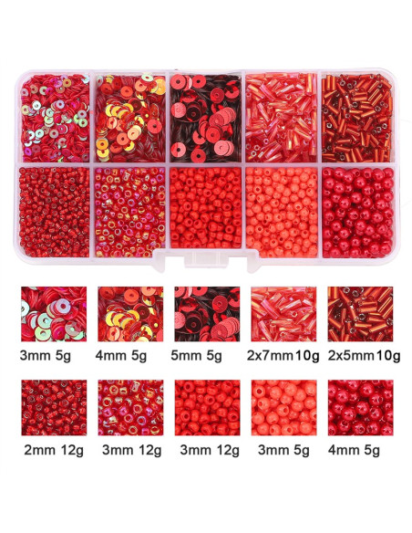 Coffret 80 grs perles de rocaille et sequins - Rouge