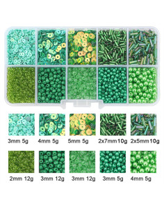 Coffret 80 grs perles de rocaille et sequins - Vert foncé