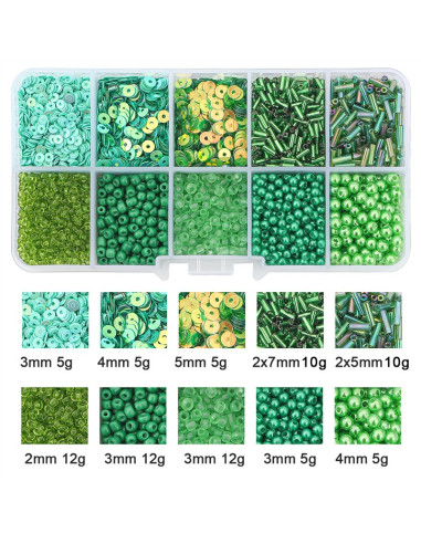 Coffret 80 grs perles de rocaille et sequins - Vert foncé